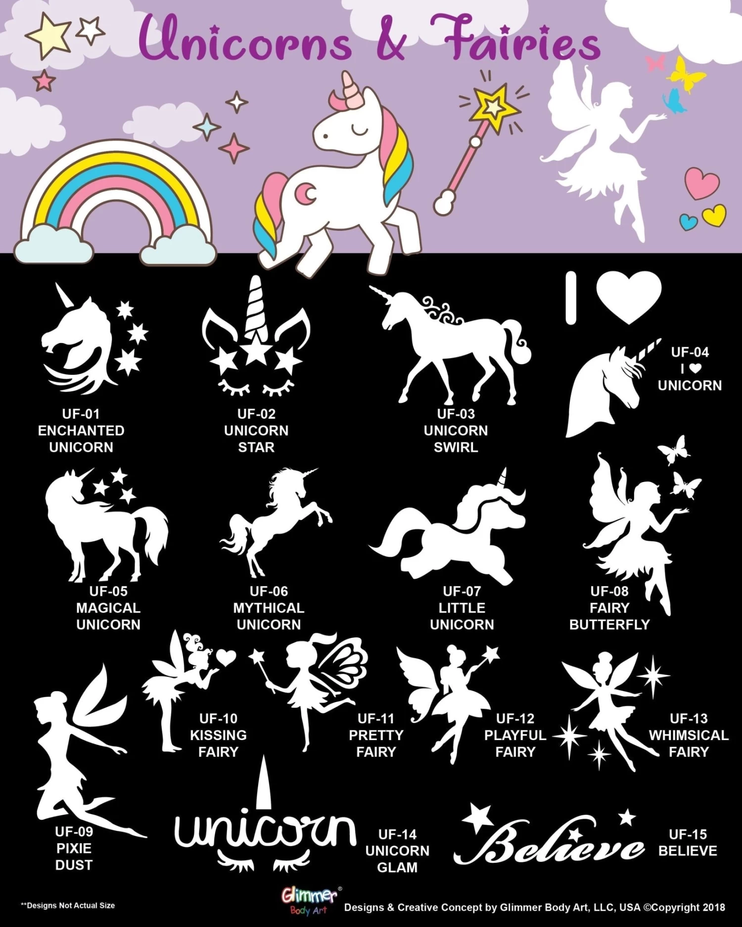 Glimmer Body Art Unicorns & Fairies Glitter Tattoo Stencil & Poster SET - Image 2
